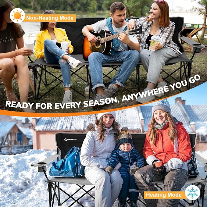 ANTARCTICA GEAR Heated Double Camping Chair with 12V 15000mAh Battery Pack - Heavy-Duty XL Folding Bench for Outdoor Campsites Tailgating - Portable Heated Seating with Adjustable Warmth