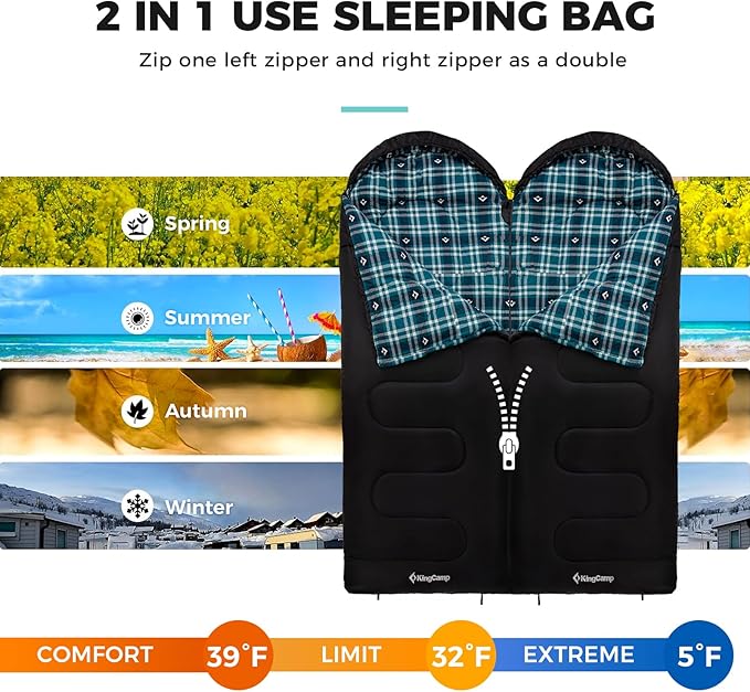 KingCamp Sleeping Bag for Adults Cold Weather &amp Warm XL Big and Tall Flannel Sleeping Bags with Compression Sack Portable Waterproof Essentials Gear Accessories for Outdoor Camping
