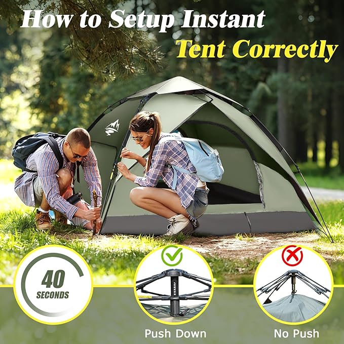 2-3 Person Camping Tent Instant Pop Up Tents for Camping - 40s Automatic Easy Setup Tent with Rainfly Double-Layer 3500mm Waterproof &amp Windproof Instant Tents for Hiking Backpacking