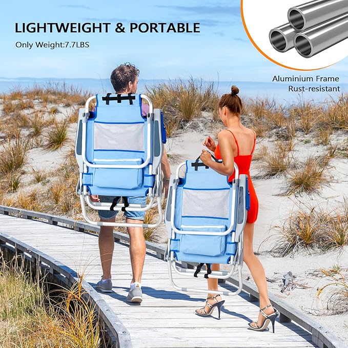 VINGLI Backpack Beach Chair 2 Pack with 5-Position Cup Holders Cooler Bag Towel Bar Lightweight Folding Beach Camping Chairs for Adults(Blue-13)