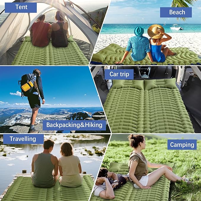 Double Sleeping Pad for Camping - Ultralight Camping Mattress with Pillow Built-in Foot Pump Compact Inflatable 2-Person Portable Mat for Backpacking Hiking Car Traveling Beach Tent