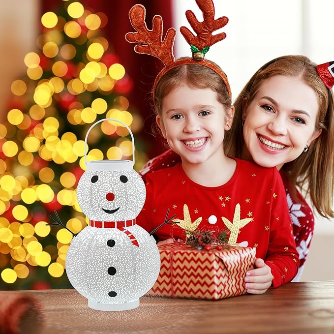 Christmas Decorations Snowman Solar Lantern - Snowman Solar Hanging Lantern Outdoor Waterproof -Metal Standing Solar Powered LED Lantern Decorative Lights for Outside Garden Yard Porch - White