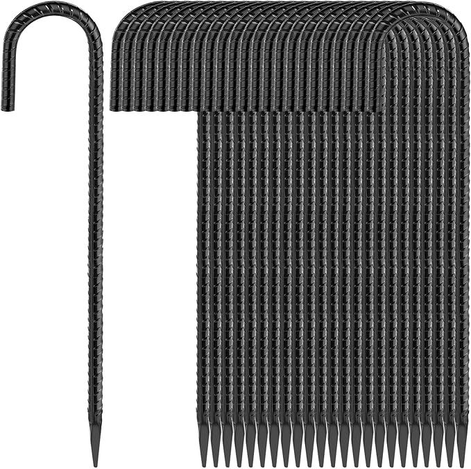 16 Inches 24-Pack J Hook Rebar Stakes Heavy Duty Tent Stakes with Chisel Point End Steel Ground Anchors Metal Garden Stakes Chain Link Fence Stakes Black Coated