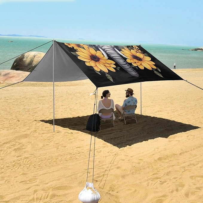 ALAZA Funny Elephant Sunflowers Beach Tent Sun Shelter UPF50+ Protection Beach Shade Canopy w/ 4 Sandbags for Outdoor Camping Fishing Backyard Fun Picnic 10x9 ft
