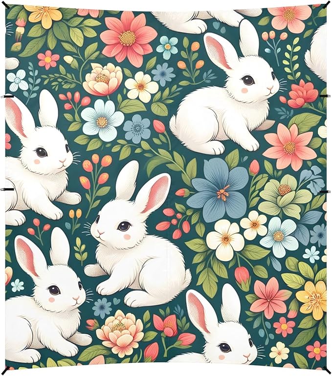 Cute White Rabbits Floral Camping Sun Shelter Beach Tent Portable Beach Sun Shade Outdoor Canopy for Camping Trips Fishing Picnic
