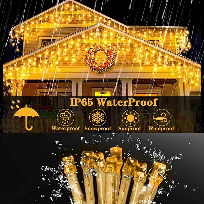 Upgraded 640LED Solar Christmas Icicle Lights Outdoor Waterproof60+16FT 13 Modes &amp USB Rechargeable Solar Powered Icicle Light for Roof House Yard Christmas Outdoor Decoration (Warm White)