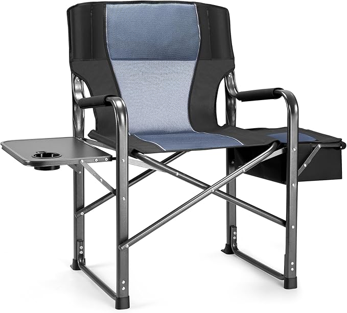 Camping Directors Chairs for Adults Heavy Duty with Table and Cooler Bag Oversized Portable Folding Chair for Beach Fishing Trip Picnic(Breathable Comfort Cushion Black)