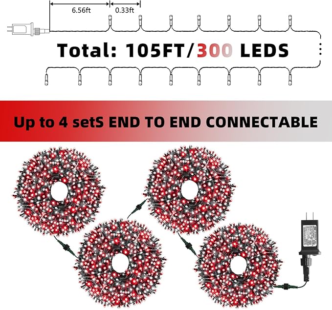 XTF2015 Christmas String Lights 105ft 300 LED Christmas Lights 8 Modes Memory Function &amp Timer- UL Certified - Outdoor Indoor Christma s Fairy Lights for Tree Garden Party Wedding(Red + White)