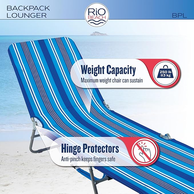 Rio Beach Portable Lay Flat Folding Backpack Beach Lounge Chair with Backpack Straps and Storage Pouch Blue and Red