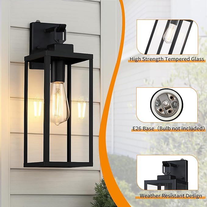 GRUENLICH Dusk to Dawn Outdoor Wall Light Fixtures 18 Inch Black Exterior Waterproof Porch Sconce Lighting E26 Socket &amp Tempered Glass Double Extra Large Size Wall Lantern for Patio Garage 1-P