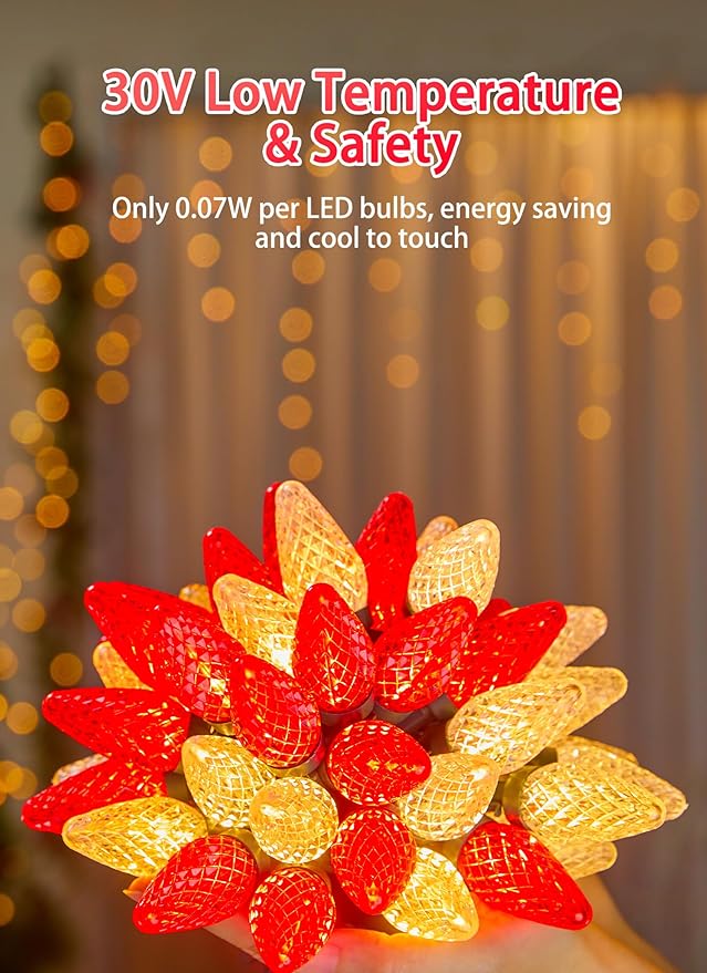C9 Christmas Lights Outdoor Waterproof 114 Feet 150 LED C9 String Lights with Timer &amp 8 Light Mode Connectable Christmas Tree Lights for Indoor Outside Roofline Patio Decoration Red &amp Warm