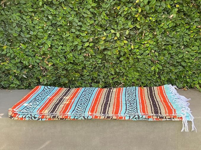 Del Mex Classic Mexican Blanket Large Authentic Woven Falsa Throw (70x50) Artisan Southwest Décor for Beach Yoga Outdoors (Mint/Tan/Orange)