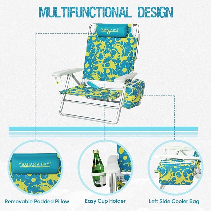 Old Bahama Bay Backpack Beach Chair Aluminum Lightweight Reclining 5-Position Lounge Chair for Adults Heavy Duty Support 400 LBS Portable Folding with Cooler Bag Camping Chair for Sand Outdoor