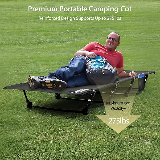 Anbte Ultralight Folding Camping Cot Comfortable Portable Camping Cot Supports 275 lbs with Storage Bag &amp Side Pocket Lightweight Folding Bed for Outdoor Travel Tent Indoor Emergency Bed Black