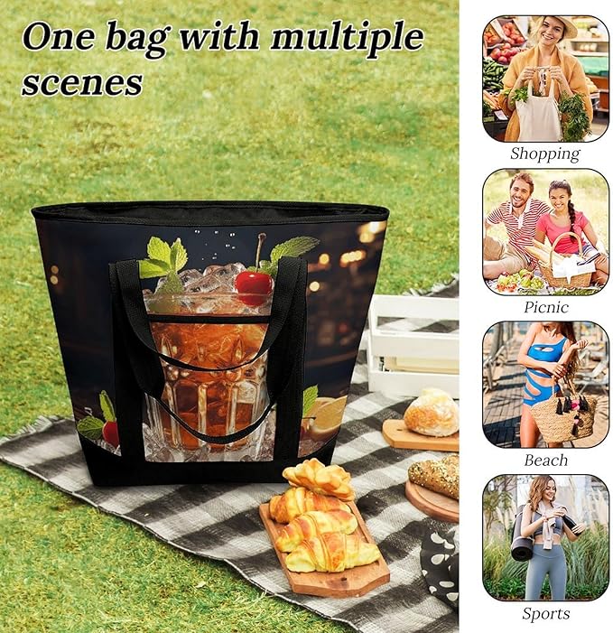 Insulated Shopping BagLarge Reusable Cooler Bags Classic Cocktail Printed Foldable Shopping BagTravel Waterproof Shoulder Bag