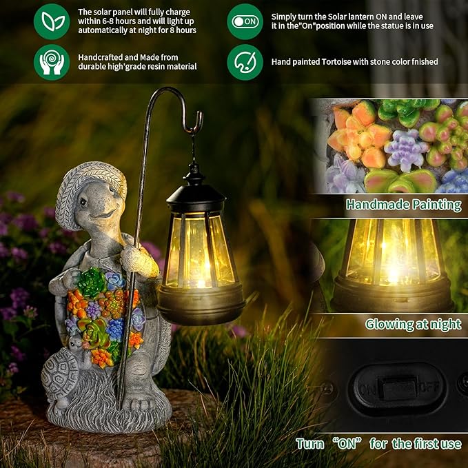 Solar Garden Outdoor Statue Turtle with Hanging LED Lantern —Outside Solar Turtle Decor for GardenHomeLawnYard Balcony Ornament- Unique Housewarming Gifts