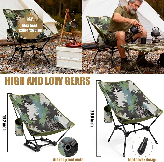 Ultralight Camping Chair Backpacking Chair Portable Camp Chair with Cup Holder &amp Storage Bag Lightweight Compact Folding Chair for Hiking Travel Picnic Mountaineering (Camo)