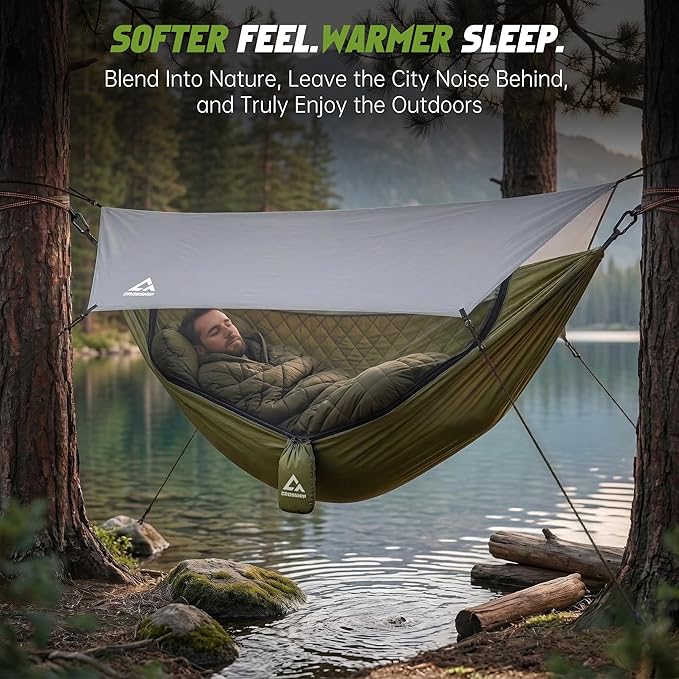 Camping Hammock with Mosquito Net with Built-in Underquilt - Built-in Quilt for Lightweight Soft Warm 4 Seasons Great for Hiking Backpacking Camping Travel(Hold Up to 500lbs) - Olive Green