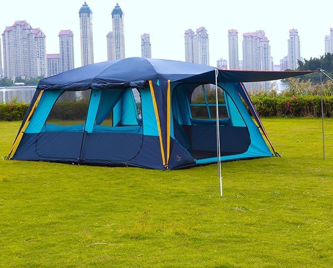 KTT Extra Large Tent 12 PersonFamily Cabin TentsAwning2 Rooms4 Doors and 4 Windows with MeshStraight WallWaterproofDouble LayerBig Tent for OutdoorPicnicCampingFamily Gathering