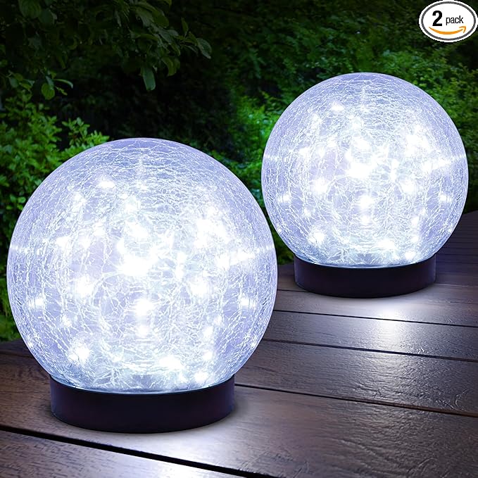 2-Pack Garden Solar Lights Outdoor Cracked Glass Ball Light Waterproof Decorative Solar Powered Globe Lighting Cool White for Yard Pathway
