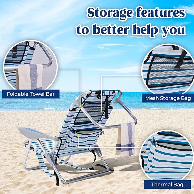 2 Pack Lightweight Portable Camping Beach Chair for Adults Outdoor Lay Flat Folding Beach Chairs with 5 Positions Backpack Beach Chair with Towel Bar Zipper Pouch Cup Holder White Striped