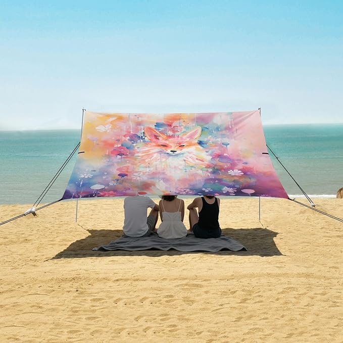 Camping Sun Shelters Watercolor Fox and Flowers Beach Canopy 126 * 110.2in