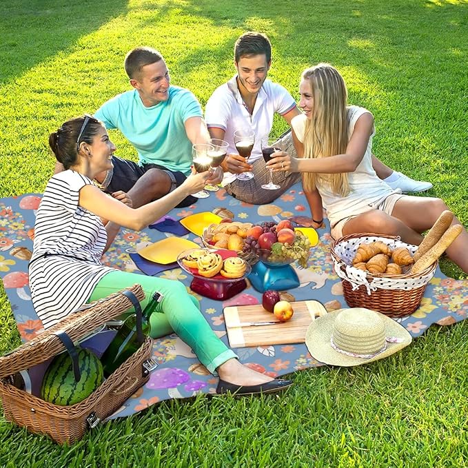 Hedgehog Mushroom Lightweight Beach Blanket Waterproof Sandproof 59X68 Sand Free Beach Mat with 4 Stakes Compact Outdoor Blanket for Beach Quick Drying Picnic Mat for Travel Camping