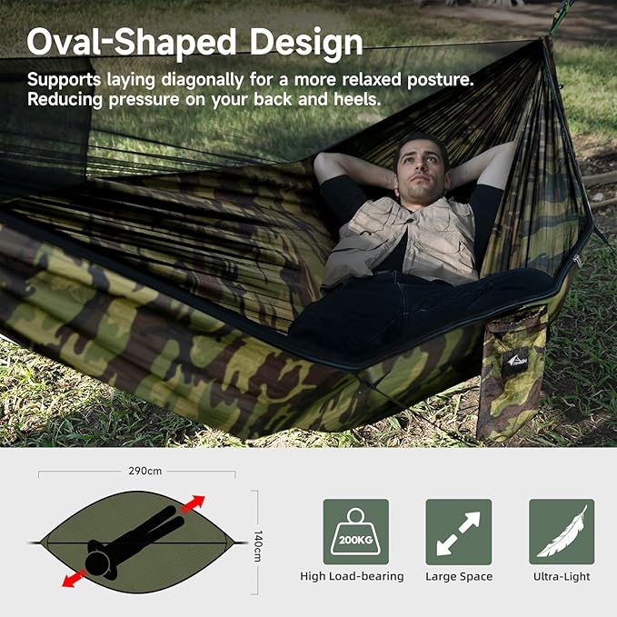 Camping Hammock with Mosquito Net and Ridge Rope Extra Large for 2 Person Lightweight Hanging Hammocks Tree Straps All-in-one Fast Open Hammock for Outside Hiking and Travel