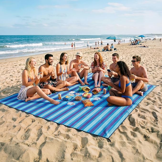 OIGAE Oversized Beach Blanket 9×10 ft Sand-Free Outdoor Mat for Groups Quick-Dry Picnic Blanket with Stakes &amp Corner Pockets Blue Stripe