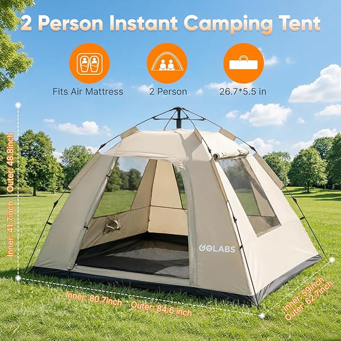 Golabs CT3 2 Person Instant Camping Tent 1-Minute Setup by Pre-Attached Pole 4 Side Mesh &amp Door Ventilation Lightweight 4.8lbs Portable Design with Carry Bag Inner Storage Pockets &amp Hooks