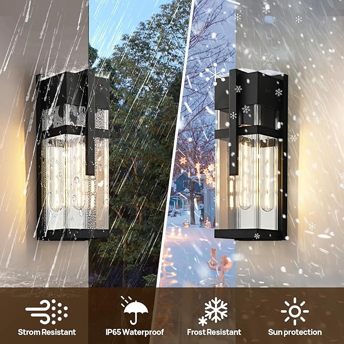 Dusk to Dawn Outdoor Wall Light Waterproof Exterior Lighting Fixtures Black Outdoor Sconces Lights with Tempered Glass 15''H Outside Lantern for Porch Patio Garage2-PackBulb Included