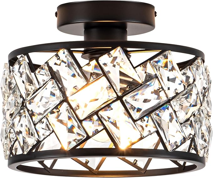 Crystal Ceiling Light Fixture Modern Semi Flush Mount Ceiling LightCrystal Chandelier for Kitchen Bedroom Bathroom Entryway Black Finish