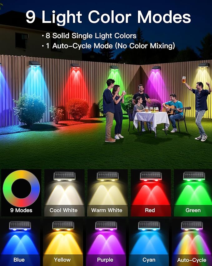 Solar Fence Lights Outdoor 16 Pack IP65 Waterproof Fence Lights Solar Powered with Ultra-Bright LED Lens 9 Color Modes 12+ Hours Steady Glow for Deck/Backyard/Patio/Pool/Wall - Black