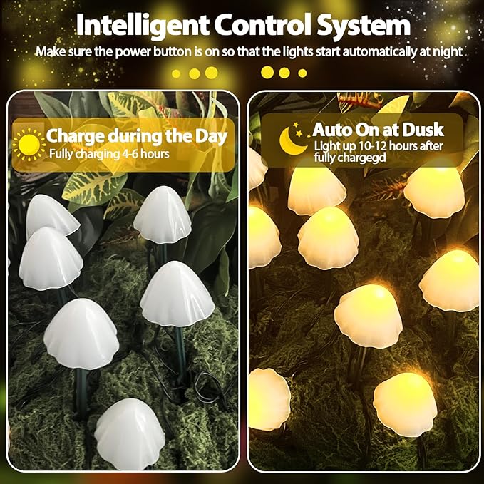 OZS 2PK 32LED 55FT Mushroom Solar Garden Lights Outdoor Solar String Lights Waterproof with 8 Lighting Modes Solar Garden Decor for Outside Pathway Light for Yard Decoration (Warm White)