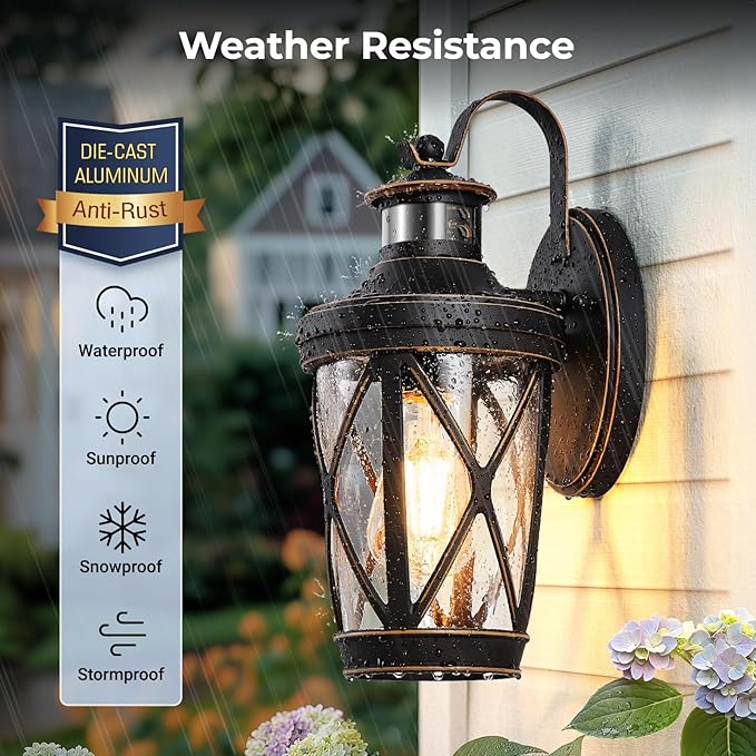 VIANIS Motion Sensor Outdoor Porch Lights Modern Dusk to Dawn Exterior Wall Light Fixtures Oil Rubbed Bronze Gold Trim Wall Lanterns for Garage Waterproof Coach Lights with Adjustable Sense Range