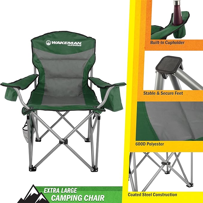Oversized Camping Chair 300lbs - Heavy Duty Folding Chair with Cooler Pouch and Carry Bag for Camp Sites Tailgates or Beach by Wakeman (Green)