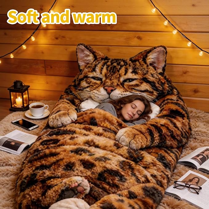 Cat Shaped Sleeping Bag for Adults 69x31 Extra Large Plush Floor Lounger Cozy Envelope Sleep Sack for Camping Travel &amp Indoor Use Soft Washable Warm Blanket