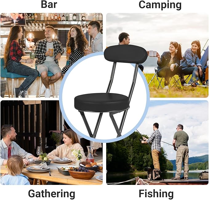 Cushioned Padded Folding Stools Folding Bar Stool with Backrest 220lb Capacity 19 Inch Collapsible Round Portable Foldable Chair for Outdoor Indoor Kitchen Camping Fishing (Black 2 Pack)