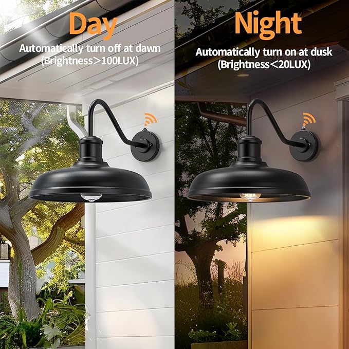 16 Inch Dome Dusk to Dawn Gooseneck Barn Light Outdoor Large Farmhouse Exterior Light Fixture Wall Mount Industrial Outdoor Wall Sconce Outside Lantern for House Porch Garage Entryway Black