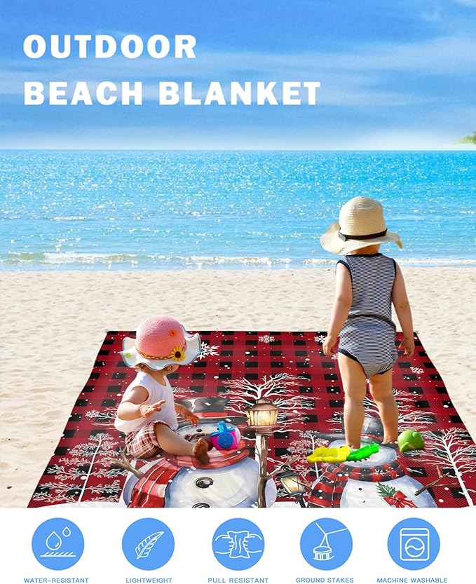 Beach Blanket Waterproof Sandproof OversizedCartoon Snowman Red Buffalo Check Beach Mat with Corner Stakes Sand PocketsSnowflakes Snow Tree Outdoor Picnic Mat for Travel Camping Hiking 95x80In