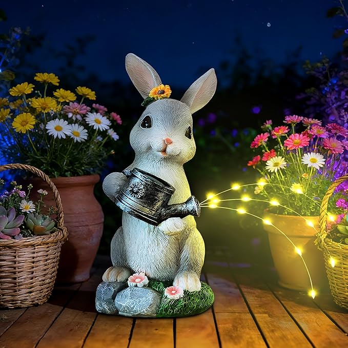Solar Garden Decor Watering Bunny Statues Outdoor Outdoor Sculpture Figurine Statue Lights Outdoor Garden Yard Lawn Patio Decoration Unique House Warming Birthday Present for Women Family
