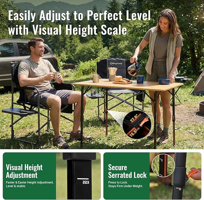 KingCamp 4-Fold Bamboo Camping Table with Serrated Adjustable Legs (16.5 to 27.6) Heavy-Duty Aluminum Frame &amp Carry Bag for Outdoor RV Picnic Beach