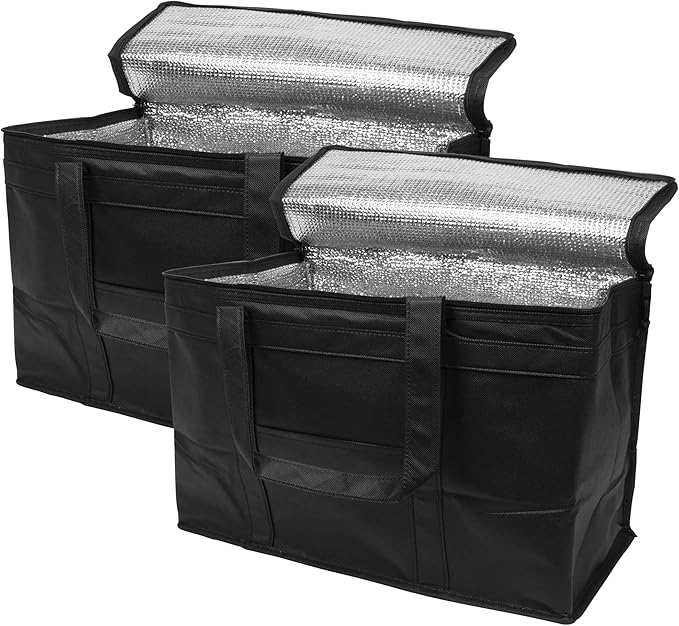 Black Insulated Food Delivery Bag. Insulated Grocery Bags with Zippered Top. Foldable Catering Bag for Food Deliveries. Heavy Duty Cold Bags for Groceries