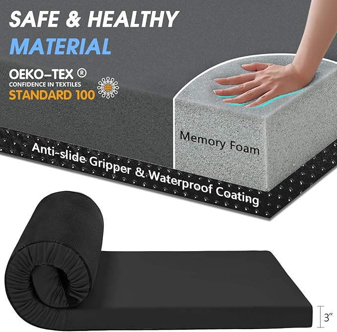 CYMULA Memory Foam Camping Mattress Pad3inch Sleeping Pad for CampingNon-Slip Bottom Floor Cot Car Mattress Bed with Retaining Portable Roll up Mattress Pad Mat for Travel Truck Guest Bed Tent