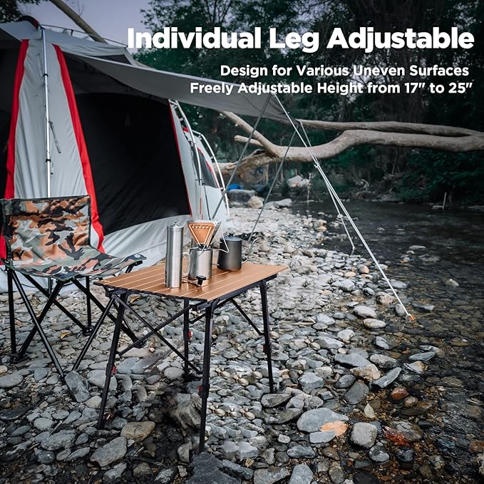 VILLEY Portable Camping Table with Adjustable Legs Lightweight Aluminum Folding Beach Table with Carrying Bag for Outdoor Cooking Picnic Beach Backyards BBQ and Party