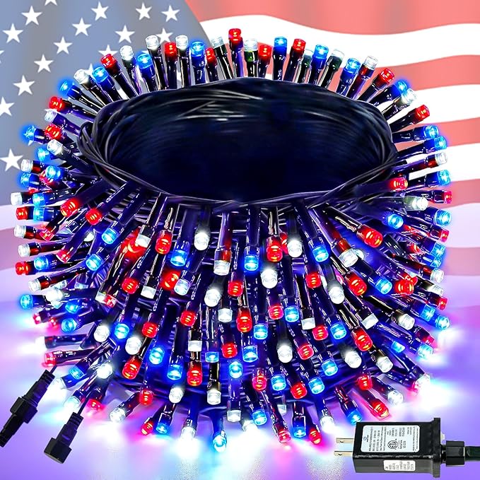 4th of July 95FT 240LED Red White and Blue String Lights Extra-Long Connectable Led Twinkle Lights Waterproof with 8 Modes Memory Independence Day Decoration