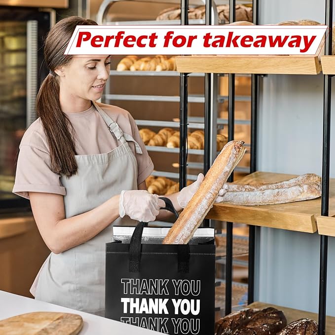 Aliceset 80 Pcs Thank You Insulated Bags for Food Delivery Bulk 9.5 x 9.5 x 6 Inch Thermal Insulation Bag for Cold and Hot Food for Travel Pizza Coffee Milk Catering Restaurant Picnic (Black)