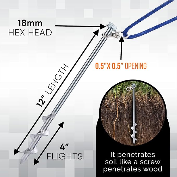 Ground Anchors Screw in - 12 Set of 16 with Drill Bit - Earth Anchors - Ground Stakes Heavy Duty - Mobile Home Anchors - Shed Anchor Kit - Swing Set Anchors - Tree Stakes - Awning Canopy Anchor