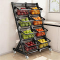 4-Tier Snack Rack Display Stand with Wheels - Adjustable Metal Storage Shelves for Fruits Vegetables &amp Snacks - Versatile Display Stand for Home Kitchen Market &amp Retail (Black)