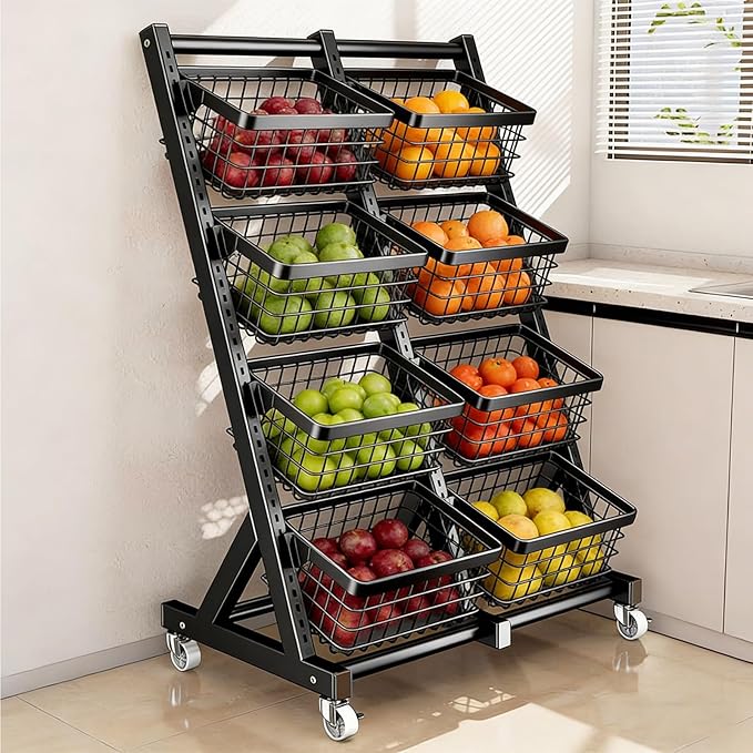 4-Tier Snack Rack Display Stand with Wheels - Adjustable Metal Storage Shelves for Fruits Vegetables &amp Snacks - Versatile Display Stand for Home Kitchen Market &amp Retail (Black)